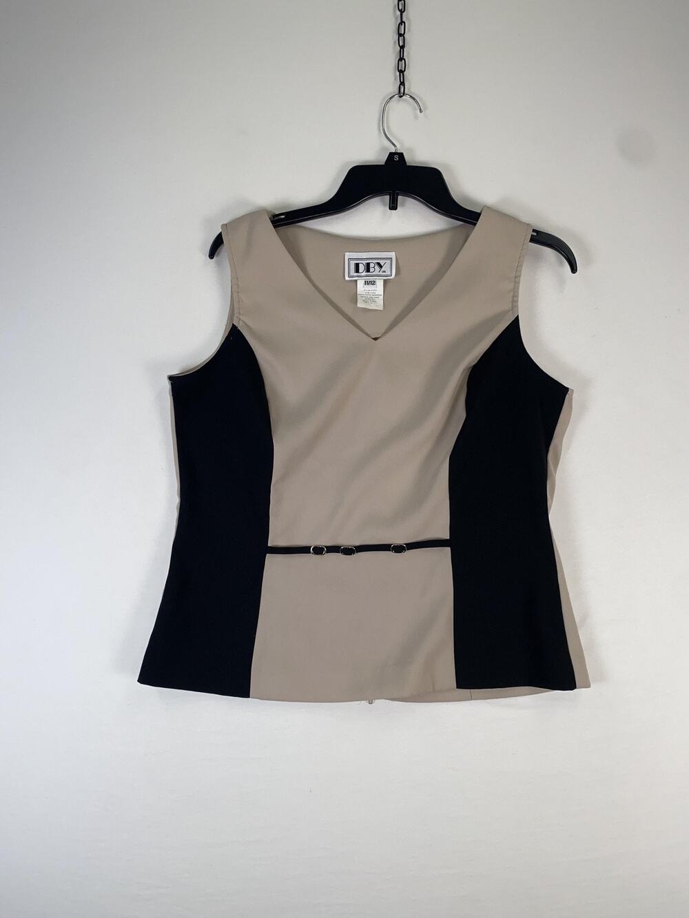 DBY Ltd. Blouse Juniors 11/12 Beige Black Colorblock V Neck Zip Career Top